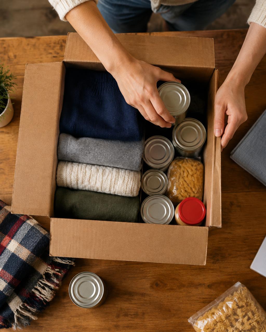 Hands packing a donation box with clothes and canned food